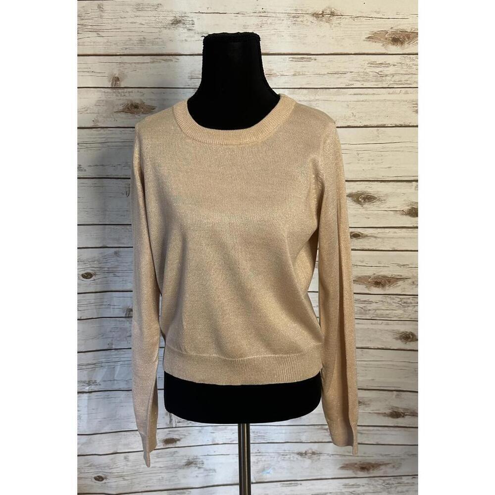 ModCloth pink/peach metallic crew neck long sleeve back cutout sweater Size S